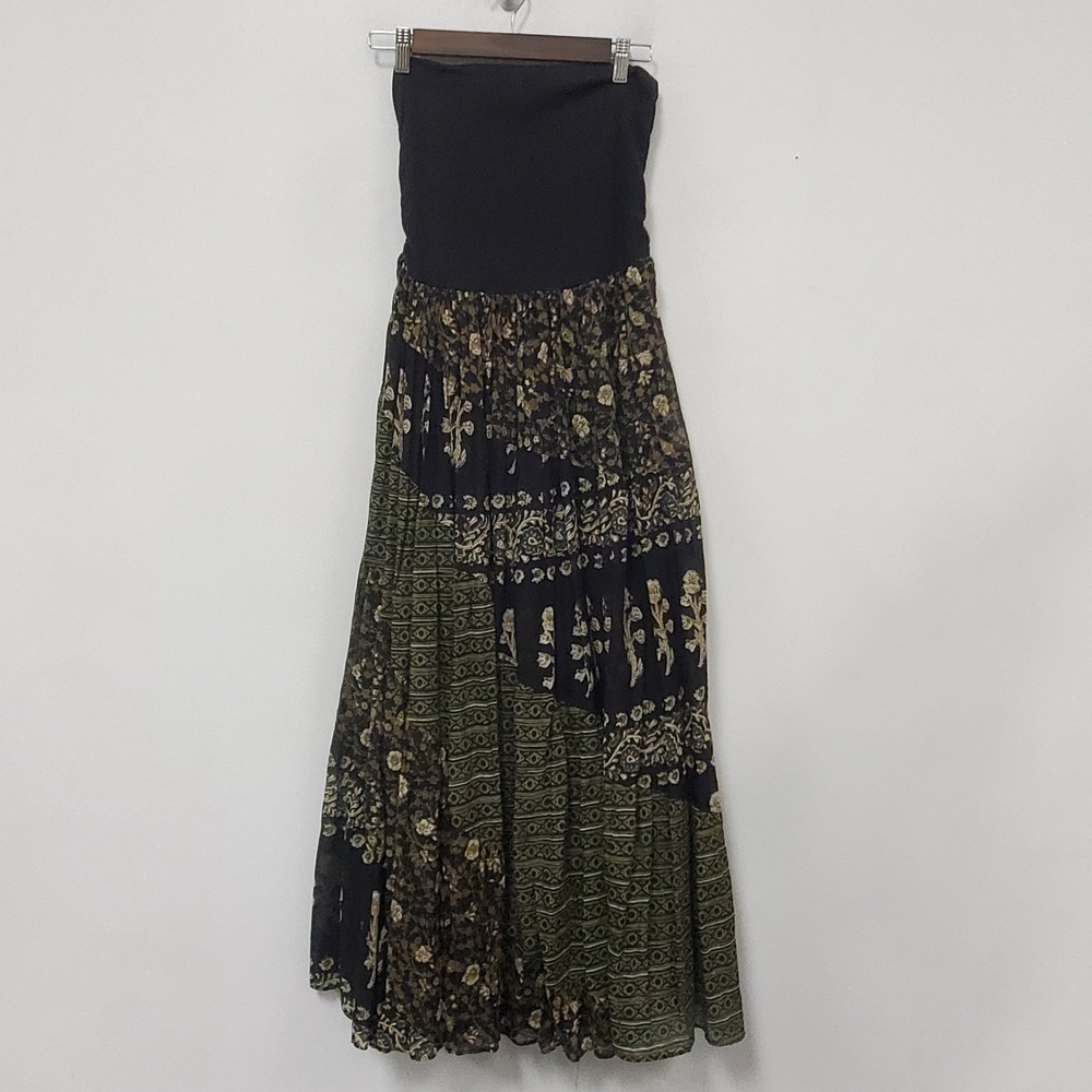 Free People Womens Strapless Patchwork Maxi Dress Size M Green Black OB1670874